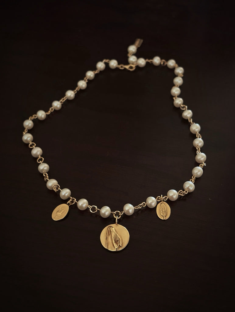 Gold Pearl Necklace with petite and coin charms