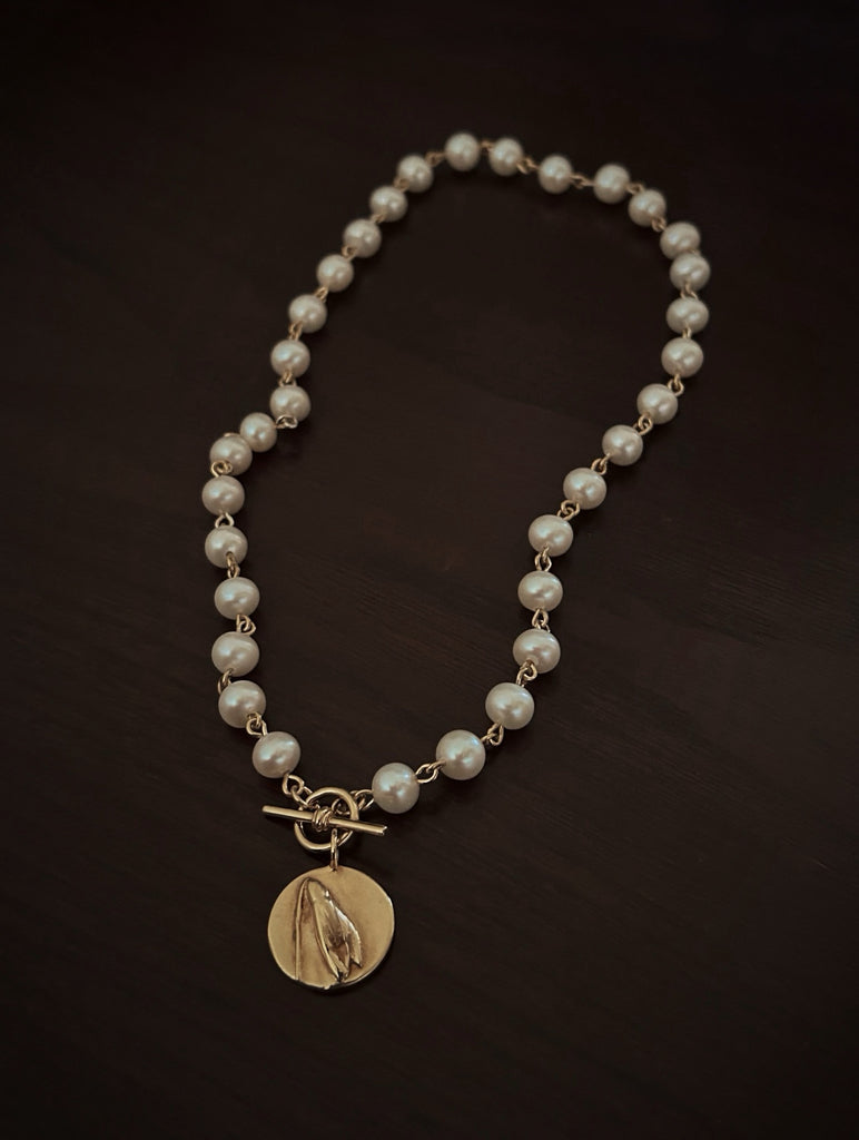 Gold Pearl Necklace Snowdrop Coin Charm