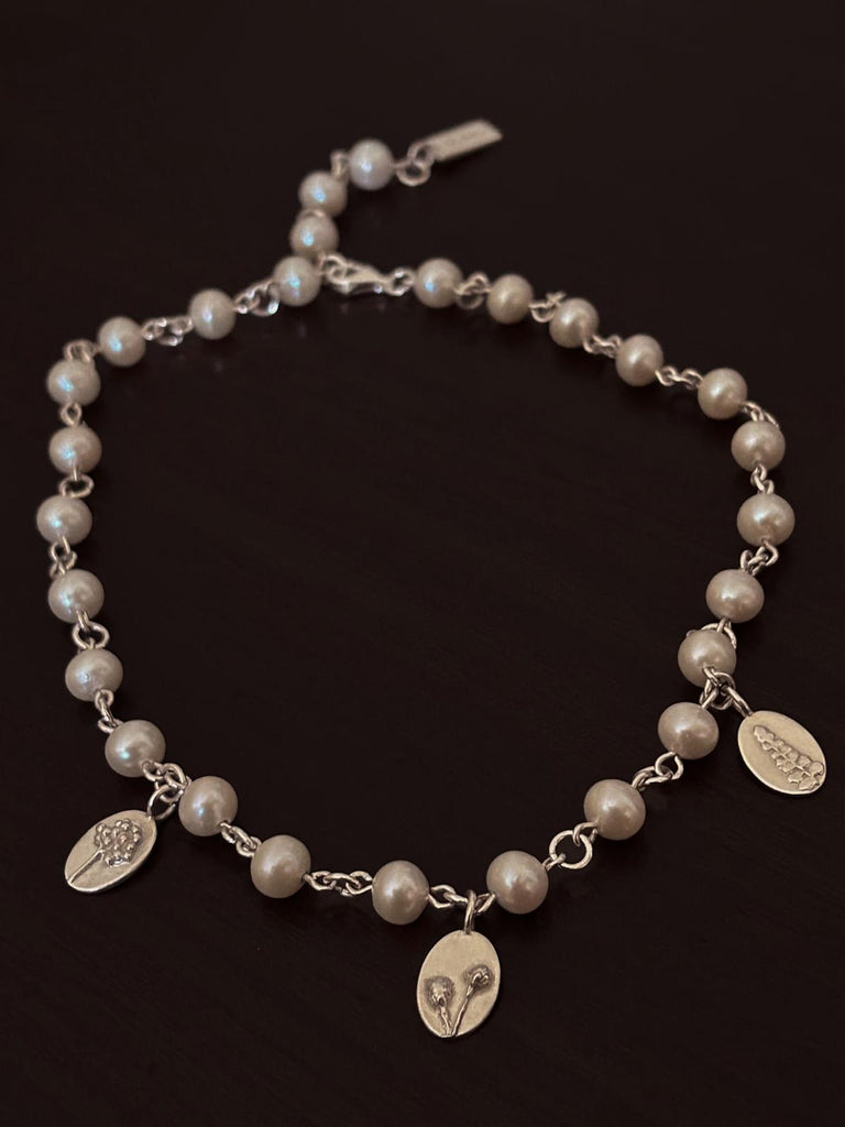 Silver Triple charm pearl necklace